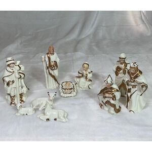 Vintage Christmas Nativity Set Porcelain with Gold Trim‎ 10 Piece Set Jesus *see